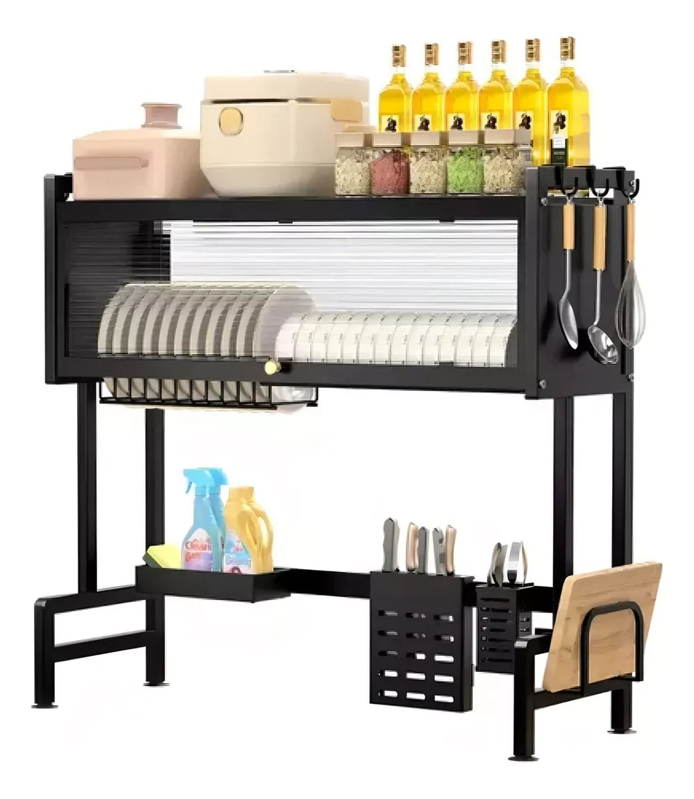 Organizador Y Escurridor Platos Loza Con Tapa Color Negro Ahorrar 18%