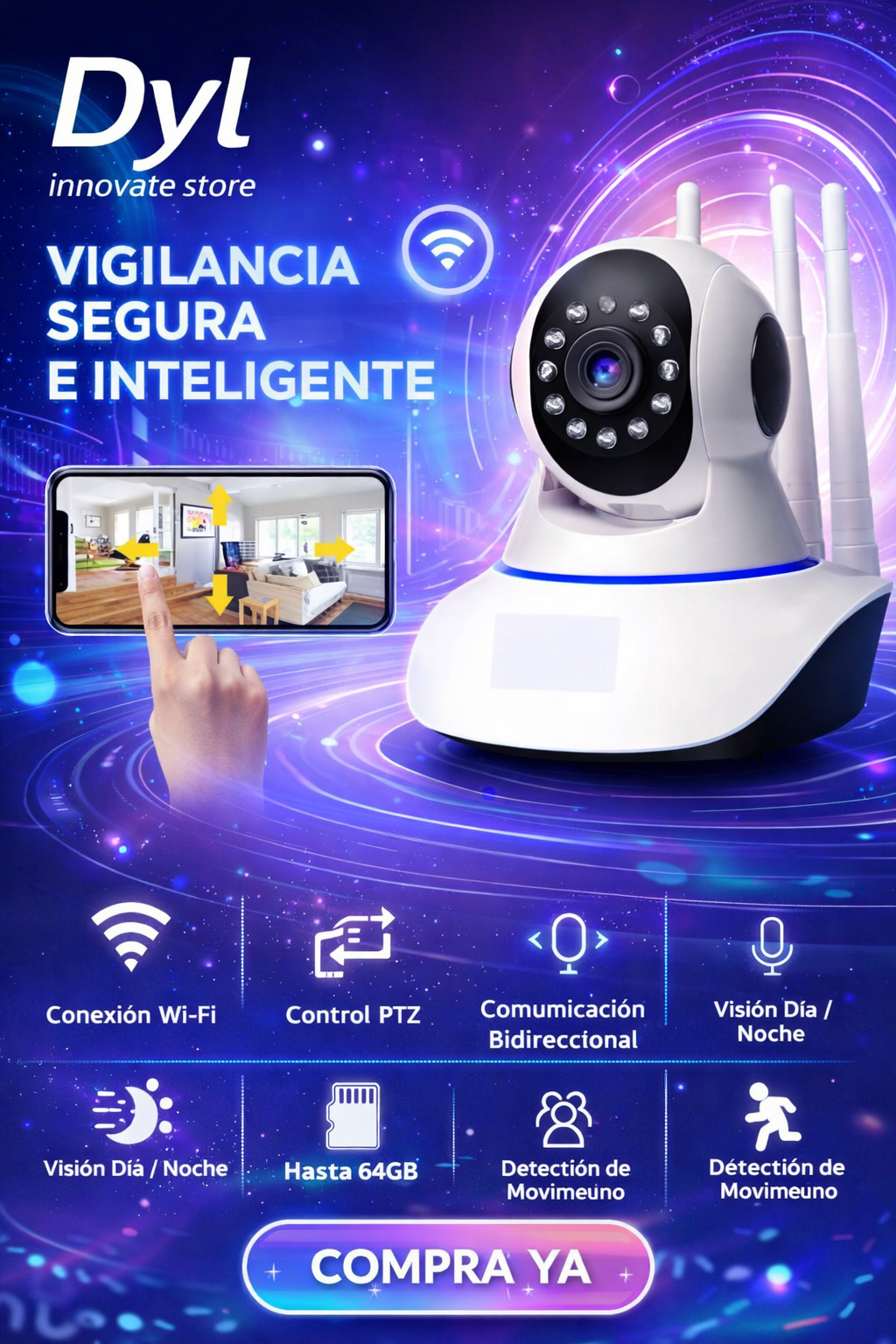 📷🔐 Cámara de Seguridad WiFi Inteligente 360° con 3 antenas - seguridad y confianza para tu hogar