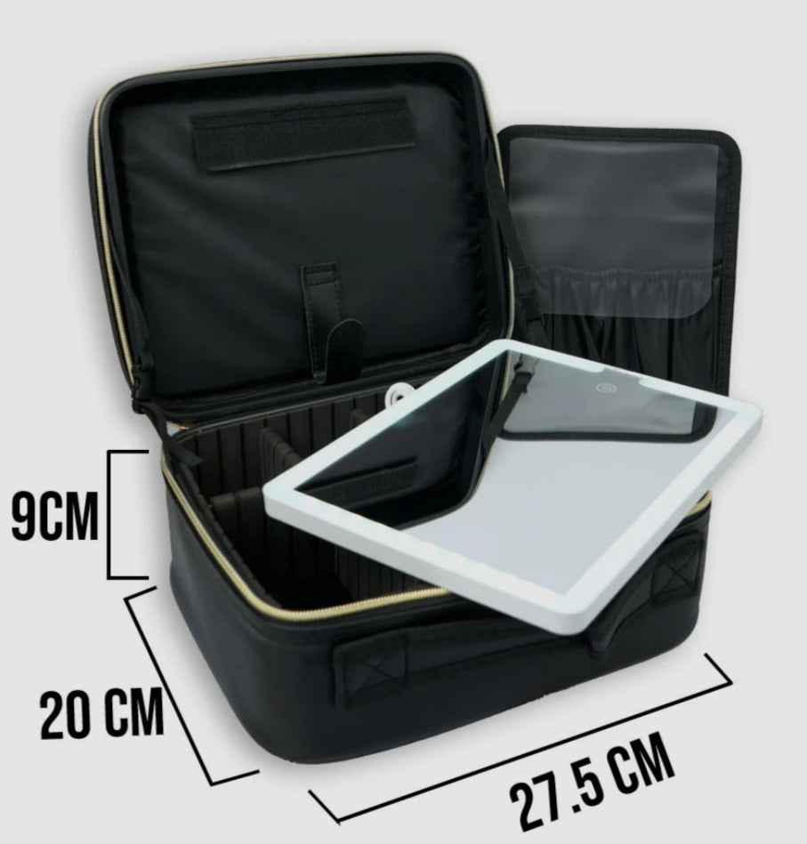 Bolsa de Maquillaje de Viaje con Espejo LED Iluminado – Elegante y Práctica en Negro y Rosa