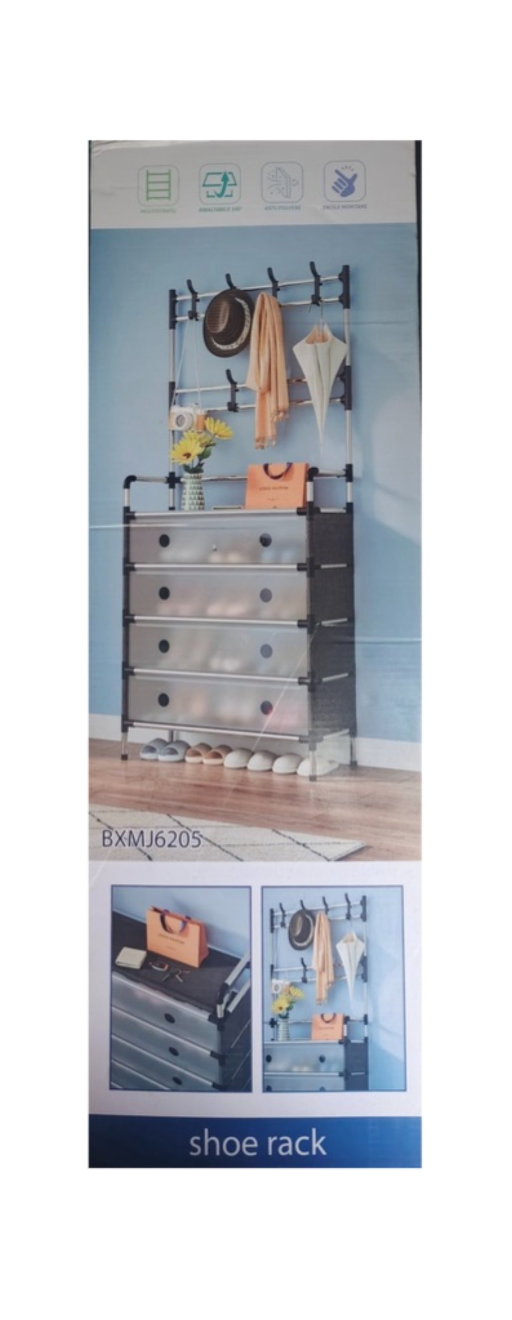 Organizador zapatero de lujo con perchero + tapas y 5 niveles