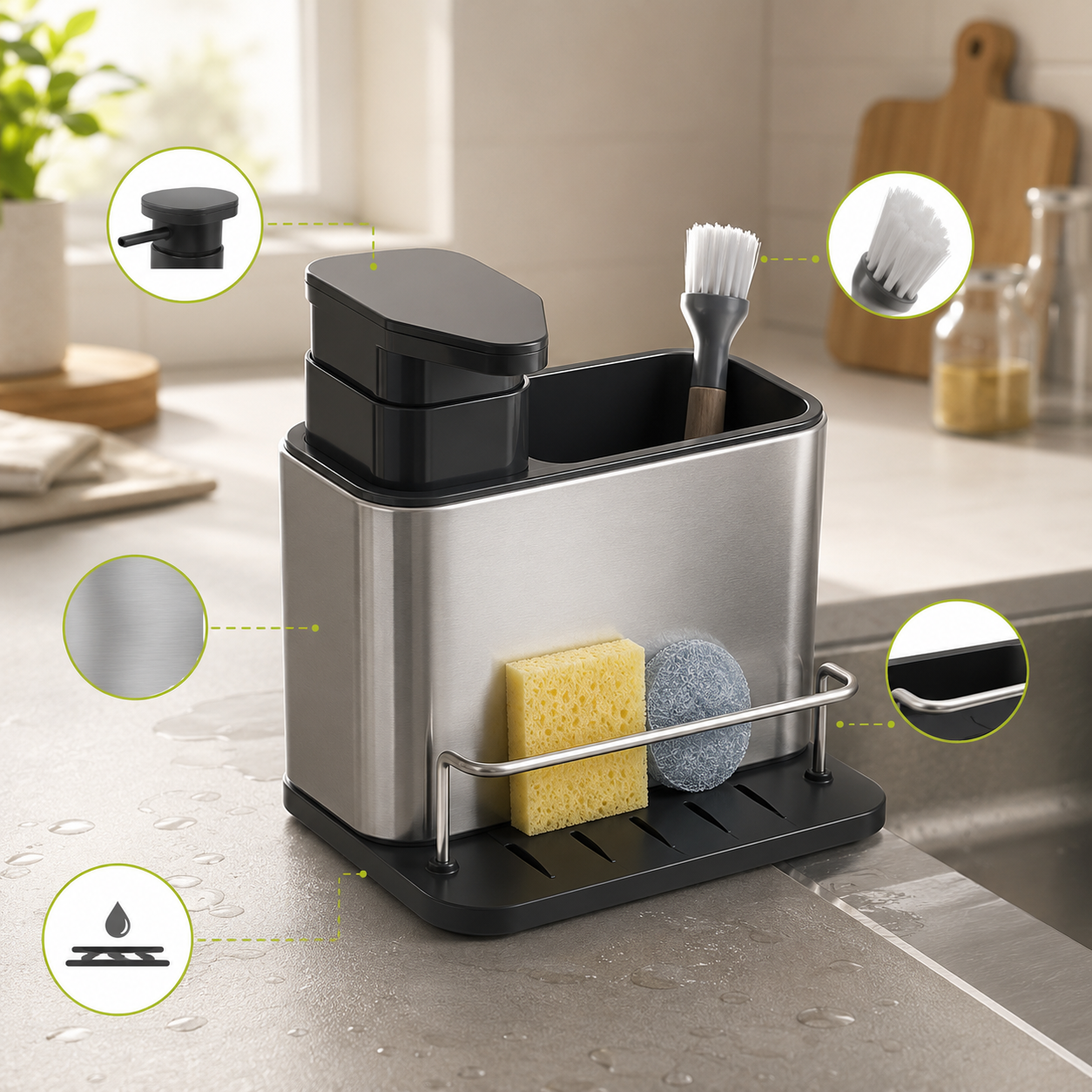 Dispensador de jabón con soporte de esponja 2 en 1