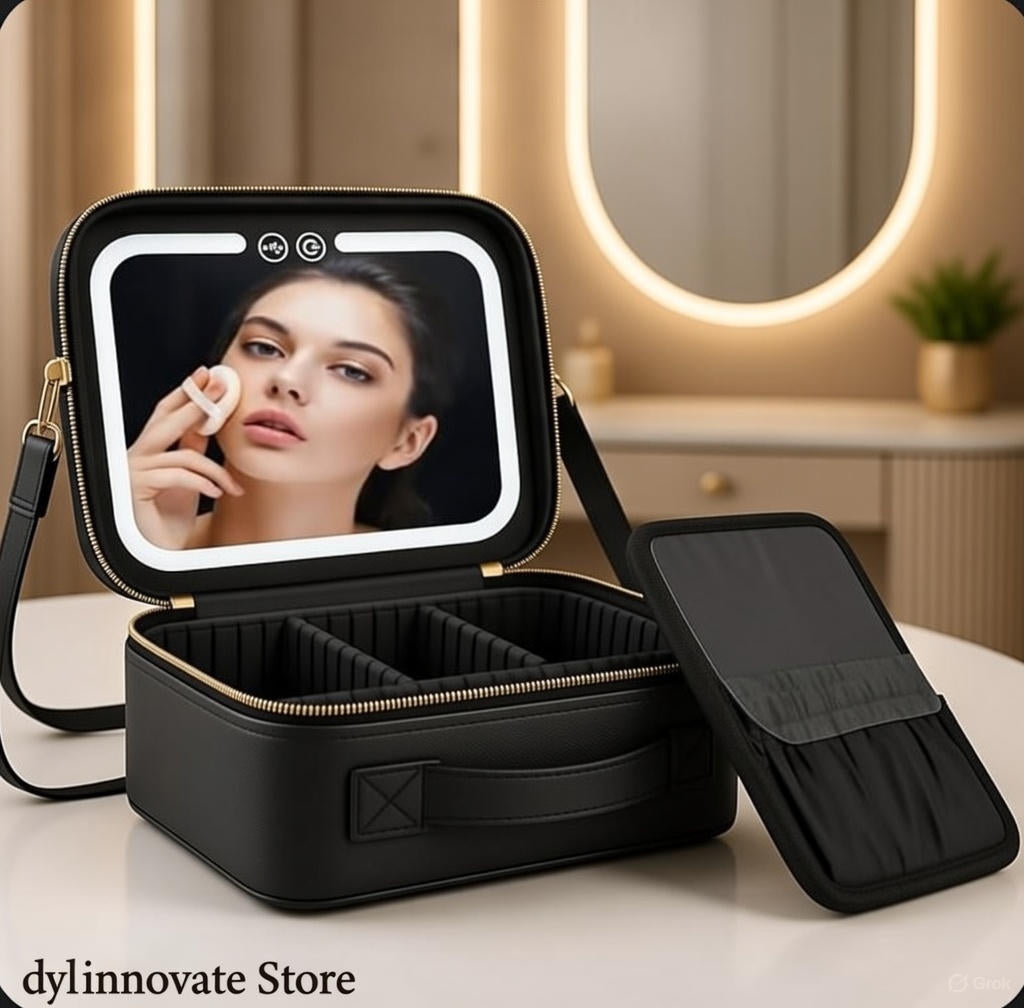 Bolsa de Maquillaje de Viaje con Espejo LED Iluminado – Elegante y Práctica en Negro y Rosa