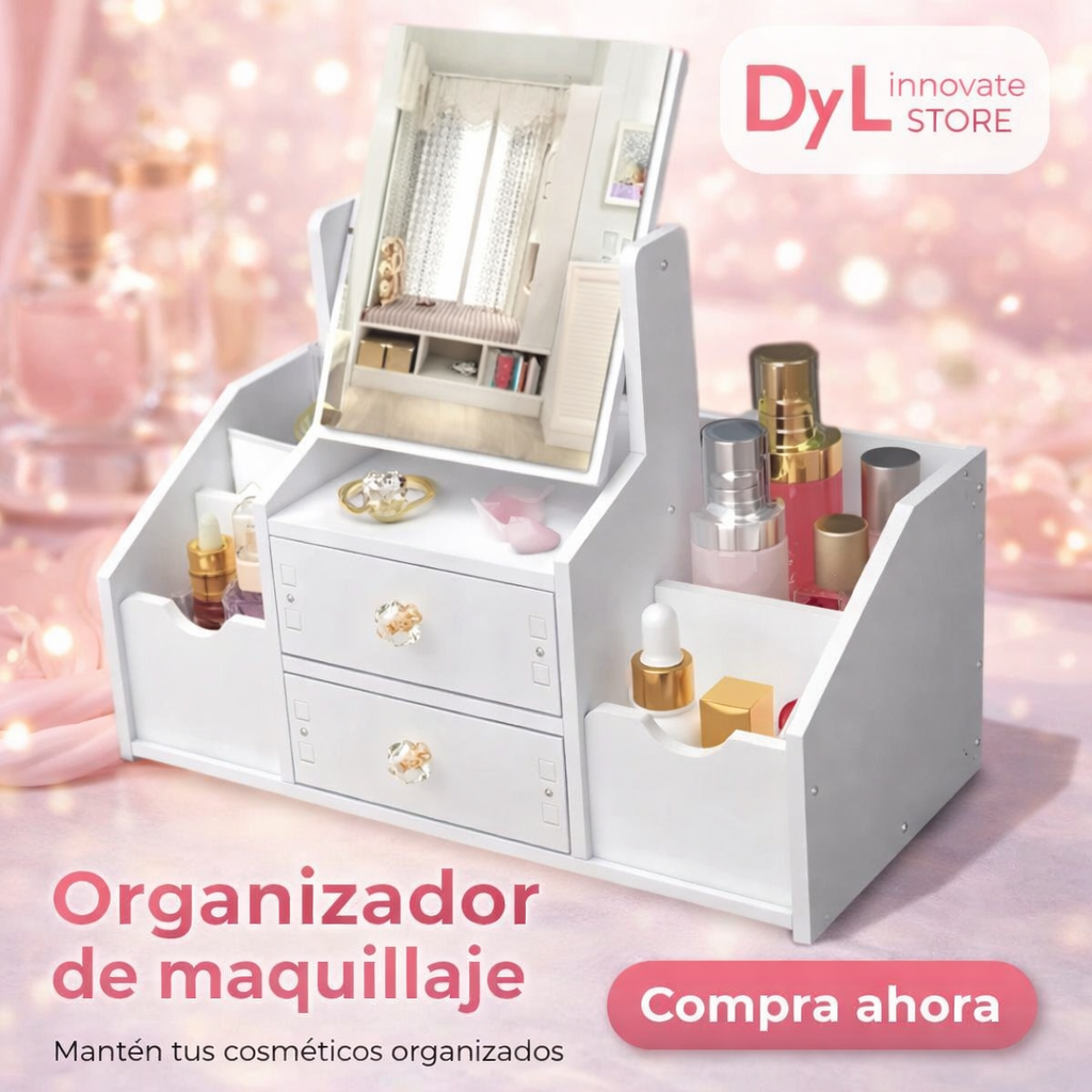 Estante organizador de maquillaje con espejo cuadrado