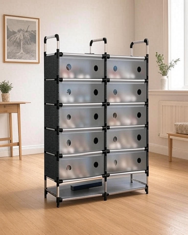 Organizador de zapatos doble con tapas.