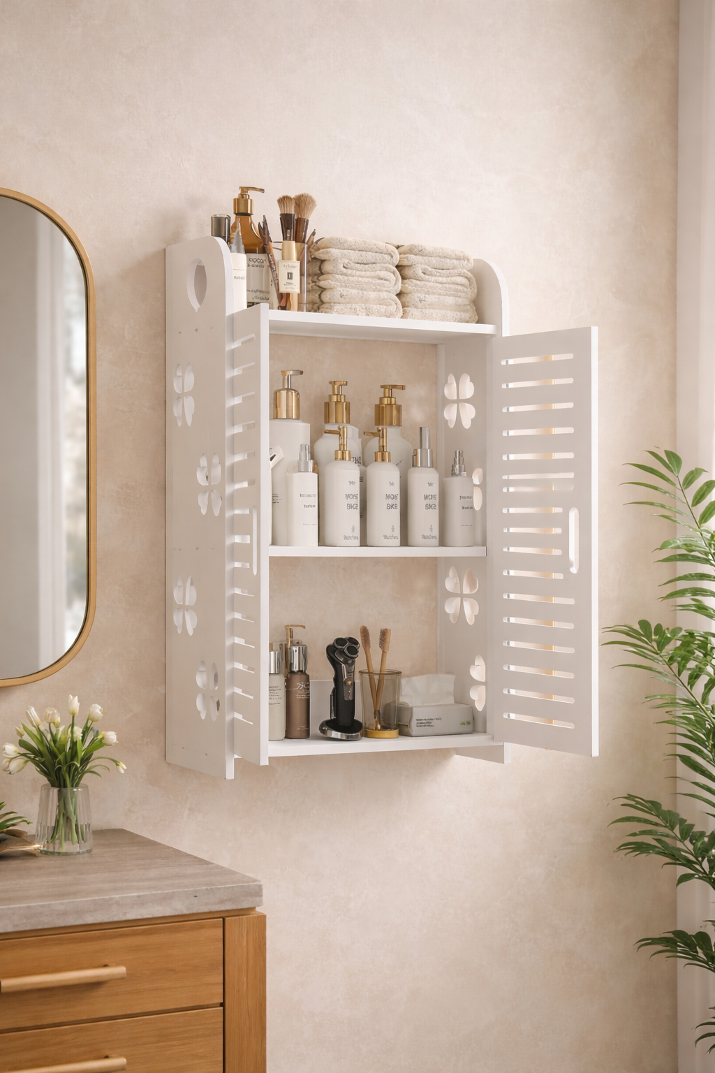 🛁 Estante Flotante para Baño con Puertas – Organización y Estilo en un Solo Producto