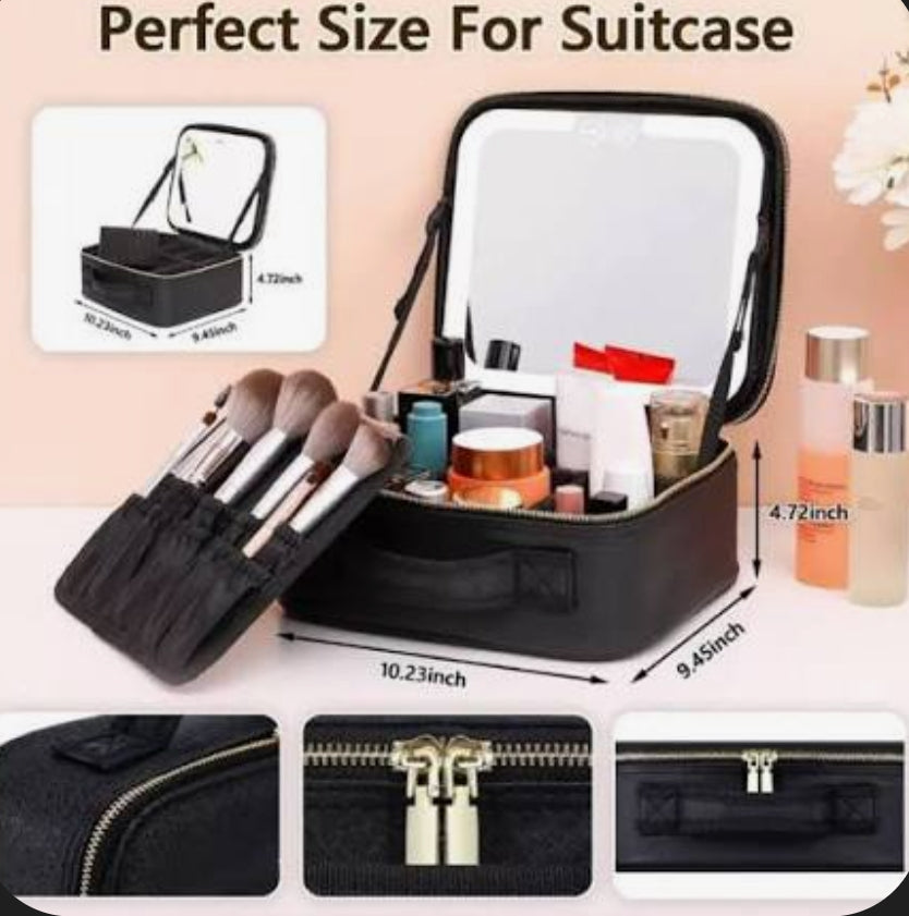 Bolsa de Maquillaje de Viaje con Espejo LED Iluminado – Elegante y Práctica en Negro y Rosa
