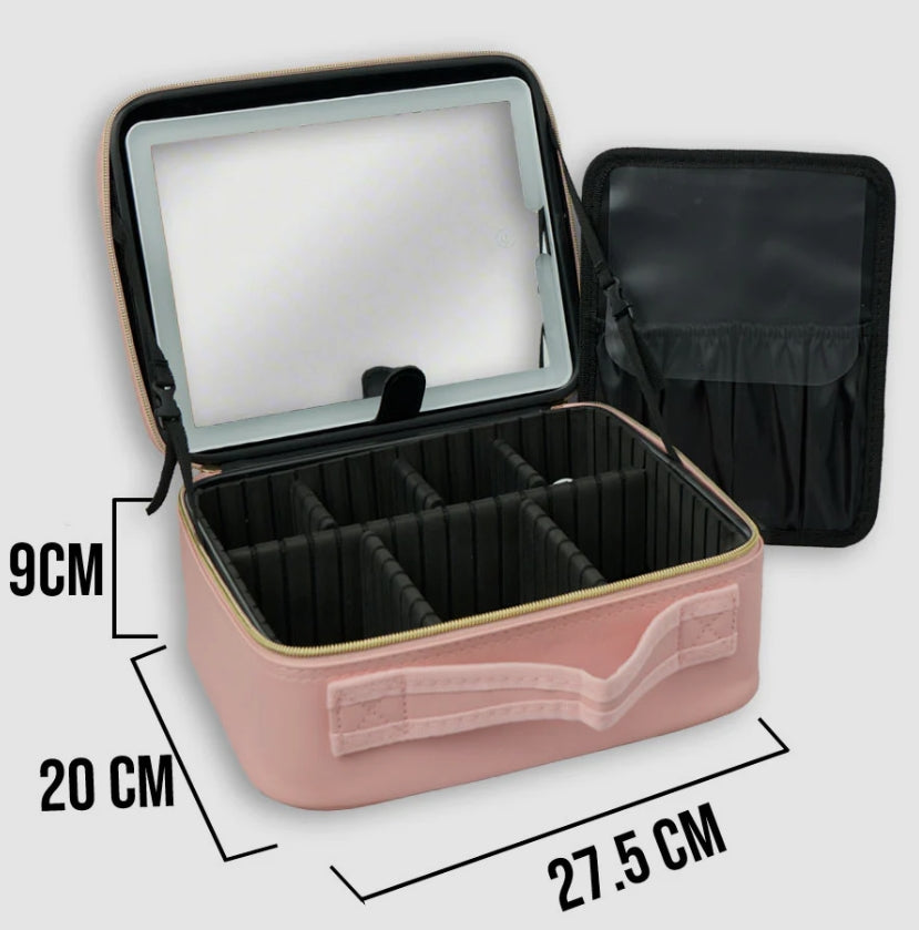 Bolsa de Maquillaje de Viaje con Espejo LED Iluminado – Elegante y Práctica en Negro y Rosa