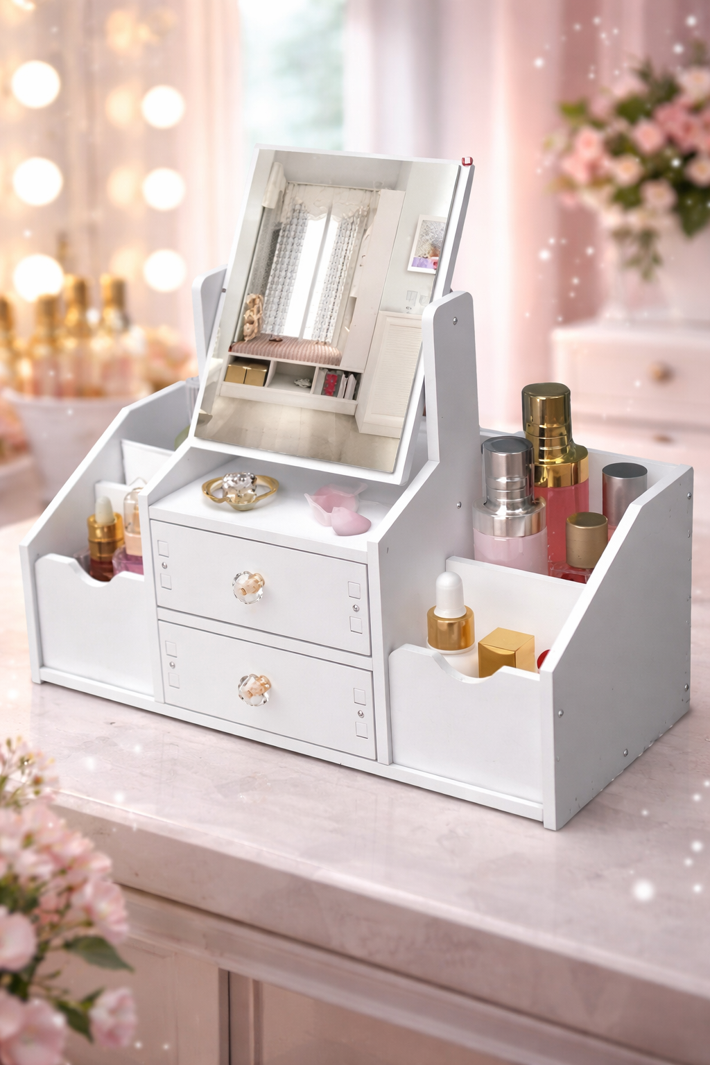 Estante organizador de maquillaje con espejo cuadrado